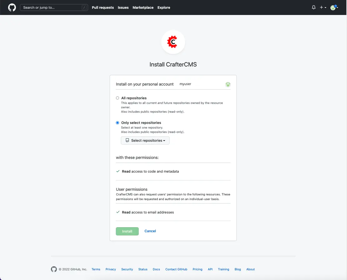 Crafter Marketplace GitHub App Configuration