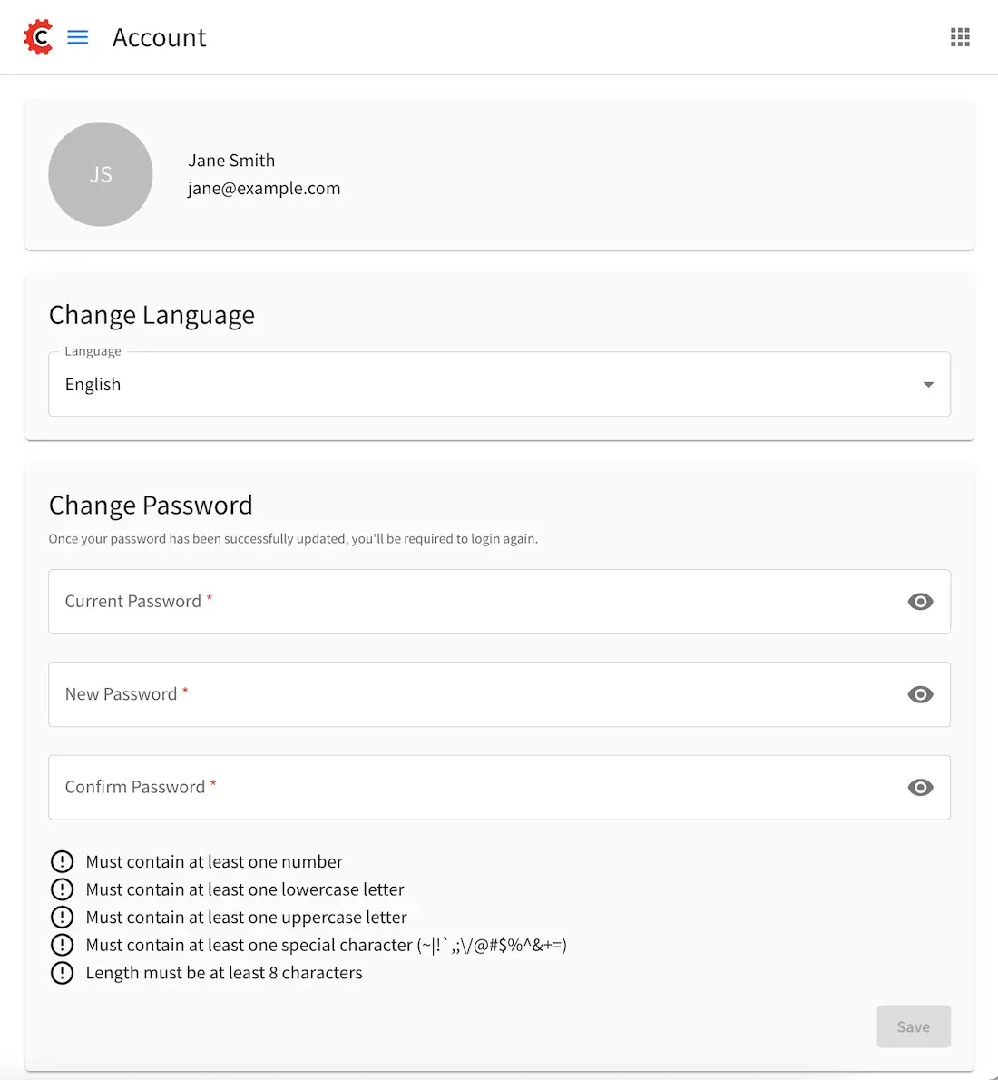 Users - User Settings Dialog to Change Password