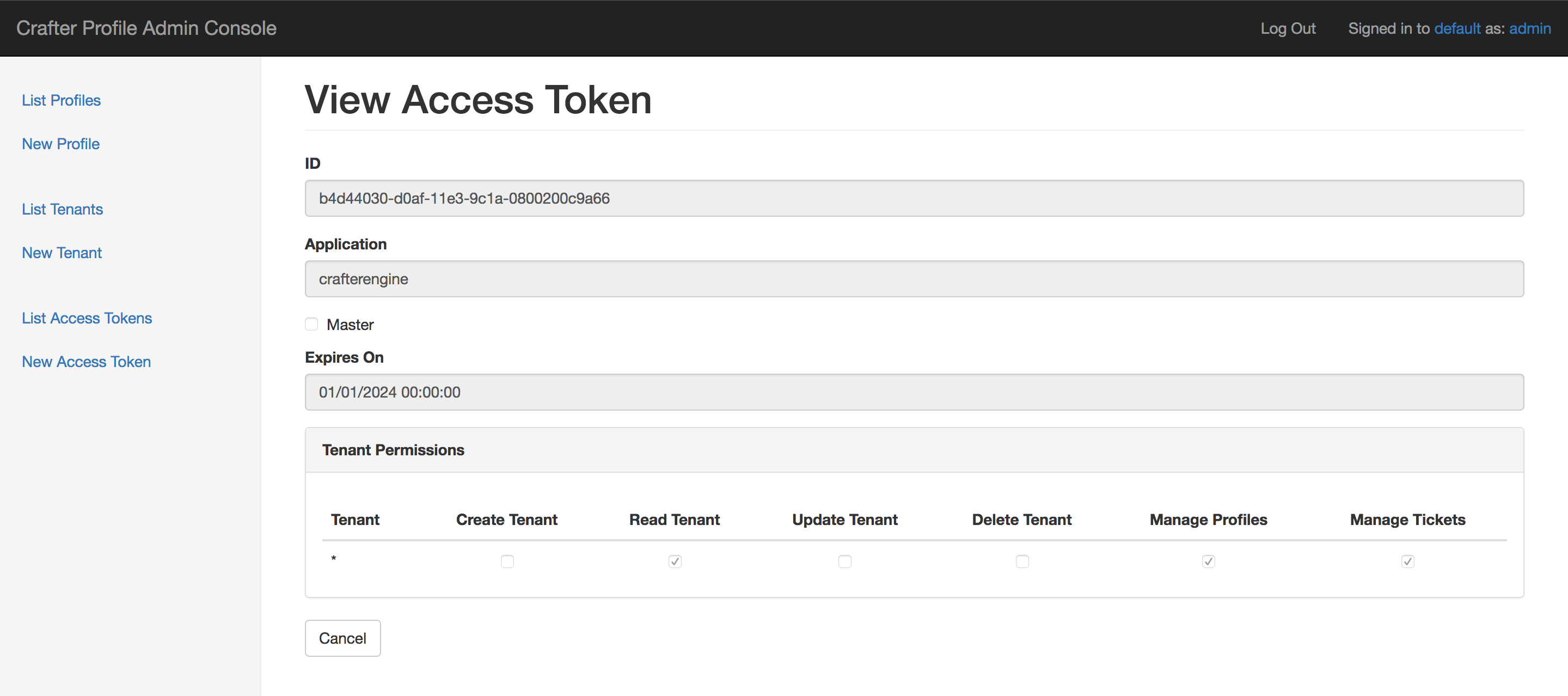 Crafter Profile access tokens view