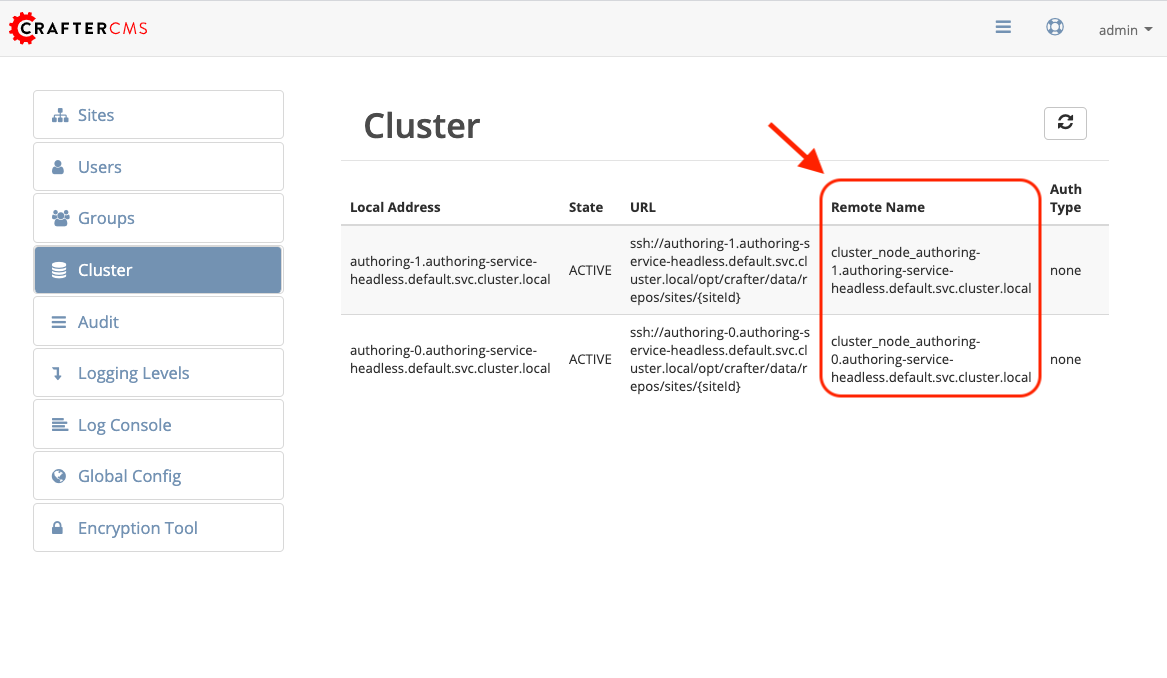 Studio Clustering Screen - Remote names of nodes listed in Studio Main Menu - Cluster