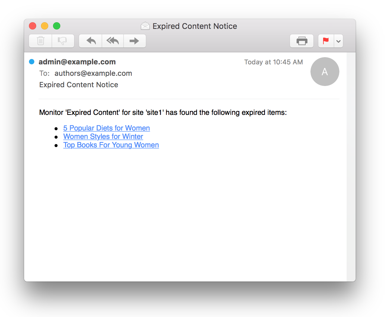 Example Content Monitor Notification Email