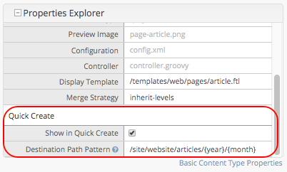 Page - Article Content Type Quick Create Properties