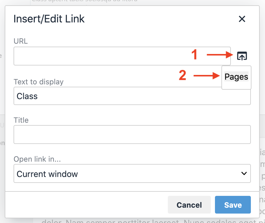 Allow user to browse pages and insert link - Click on button next to "URL" then click on "Pages"