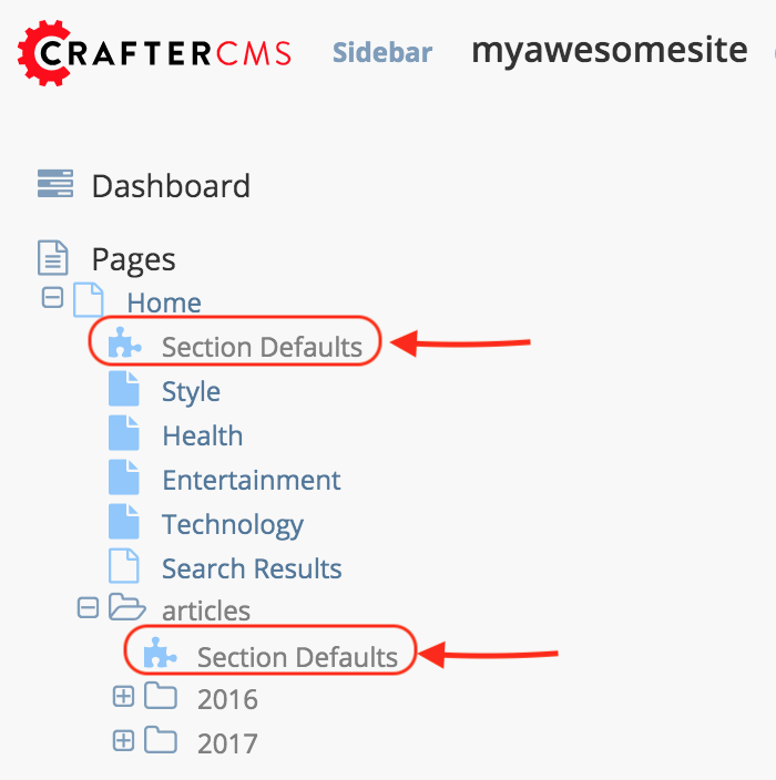 Content Inheritance - Site tree showing section defaults