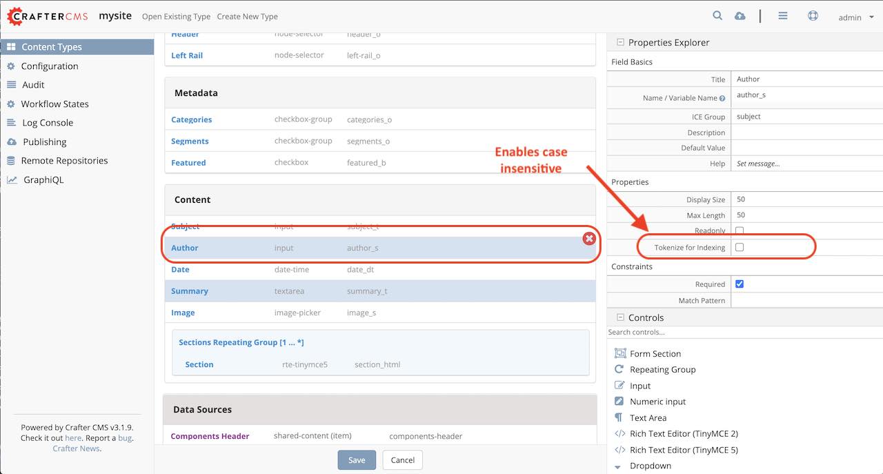 Enable case insensitive keyword search for string fields in content type by clicking on "Tokenize for Indexing"