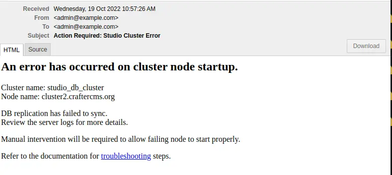 CrafterCMS - Studio Enterprise Clustering DB sync failure email