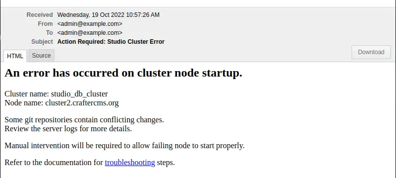CrafterCMS - Studio Enterprise Clustering Git sync failure email