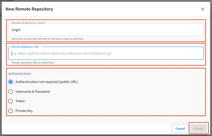 Create Repository dialog to fill in information of remote repository being added to the project