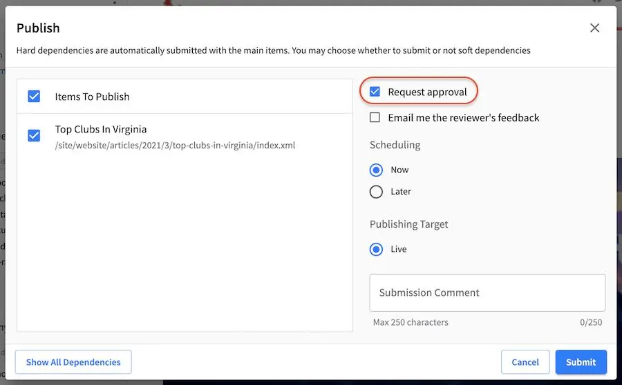 Workflow - Request publish approval dialog