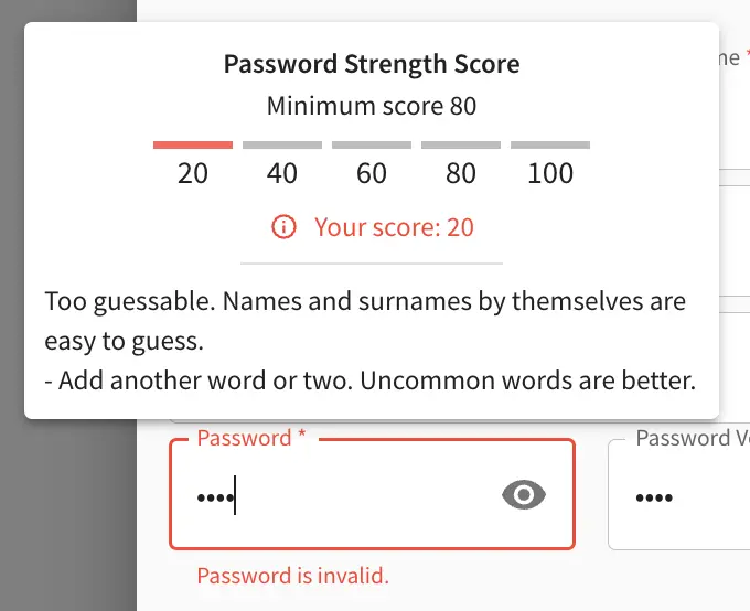 System Administrator - Password Requirements Display Score 20