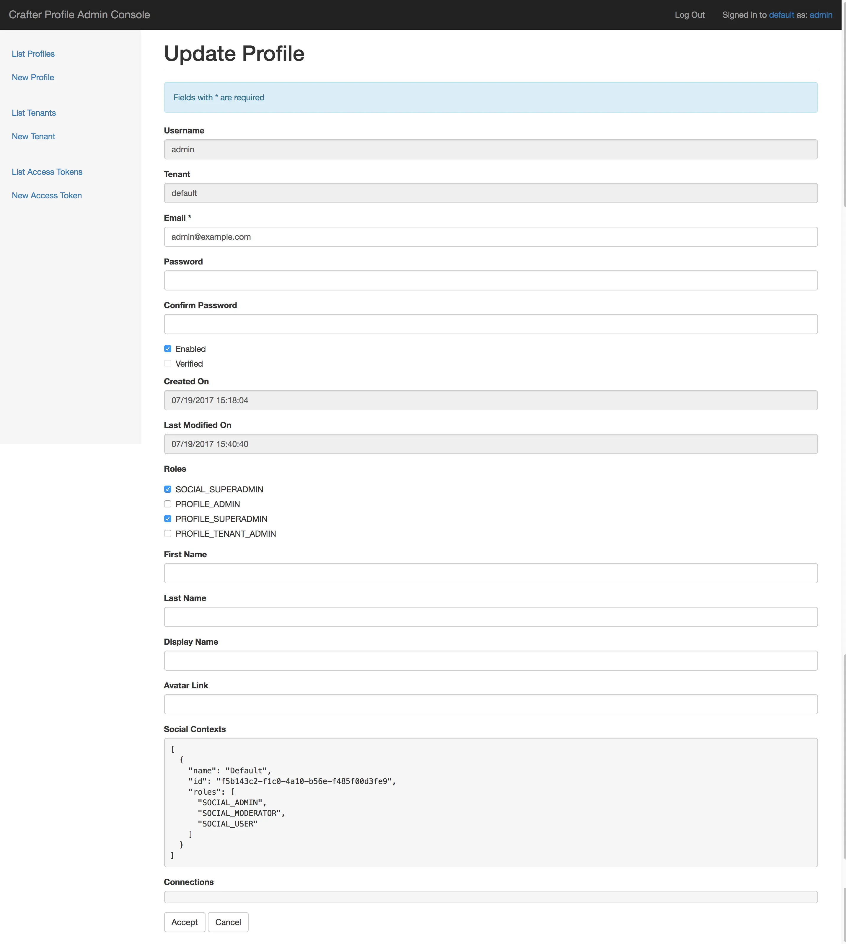 Crafter Profile admin update profiles