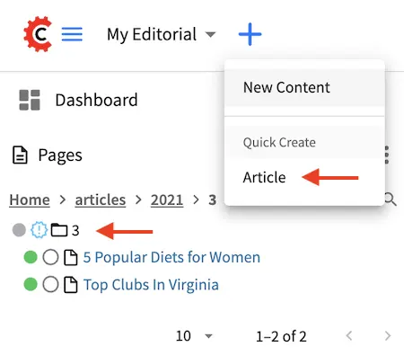 Context Nav showing the expanded quick create button