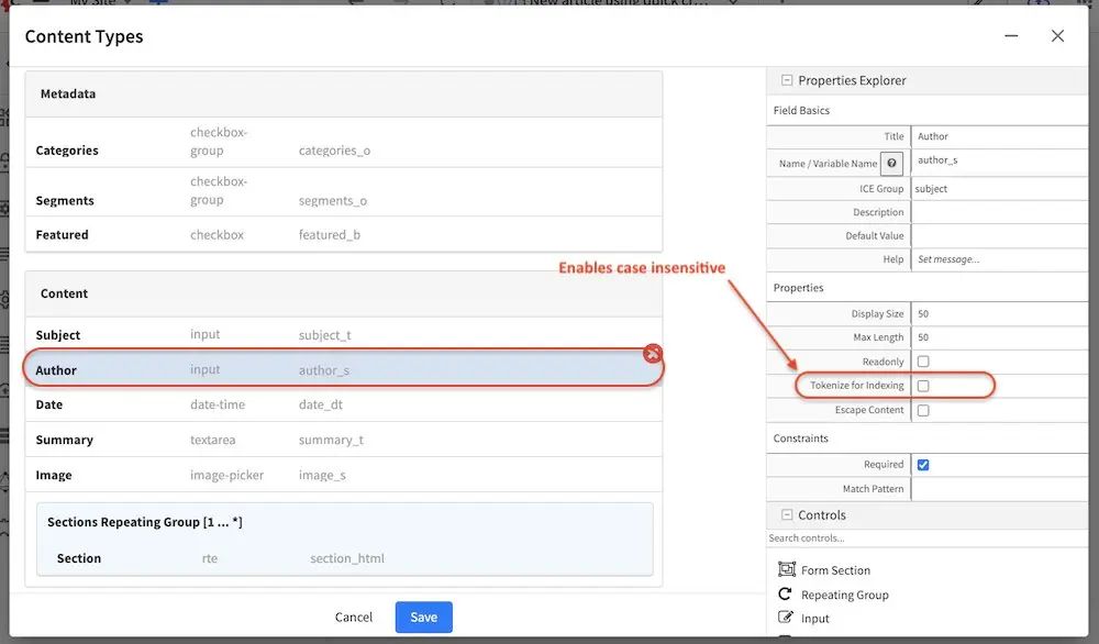 Enable case insensitive keyword search for string fields in content type by clicking on "Tokenize for Indexing"