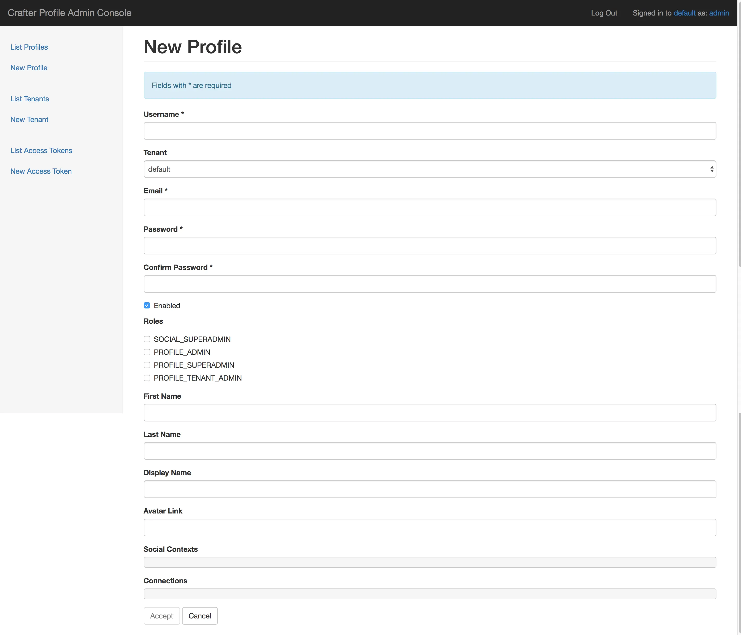 Crafter Profile admin new profiles