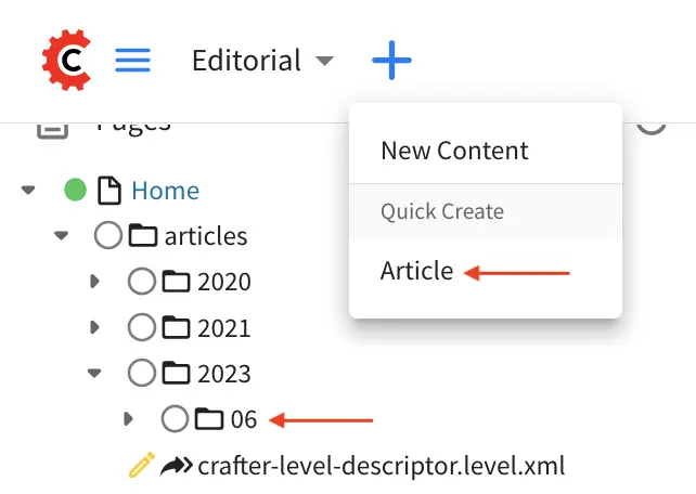 Content Author - Add new Page content via quick create