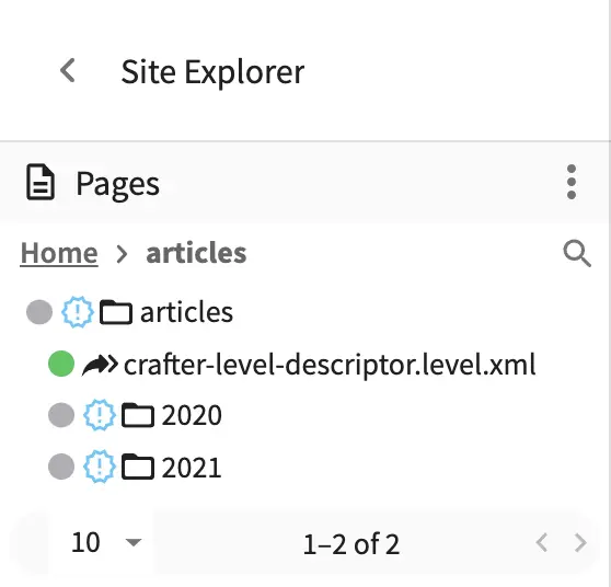Content Inheritance - Site tree showing articles folder section default
