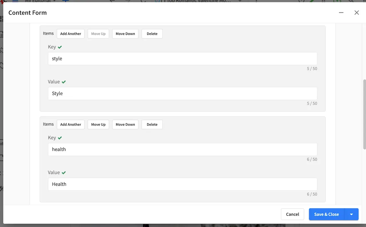 Form Static Key Value Pairs Options