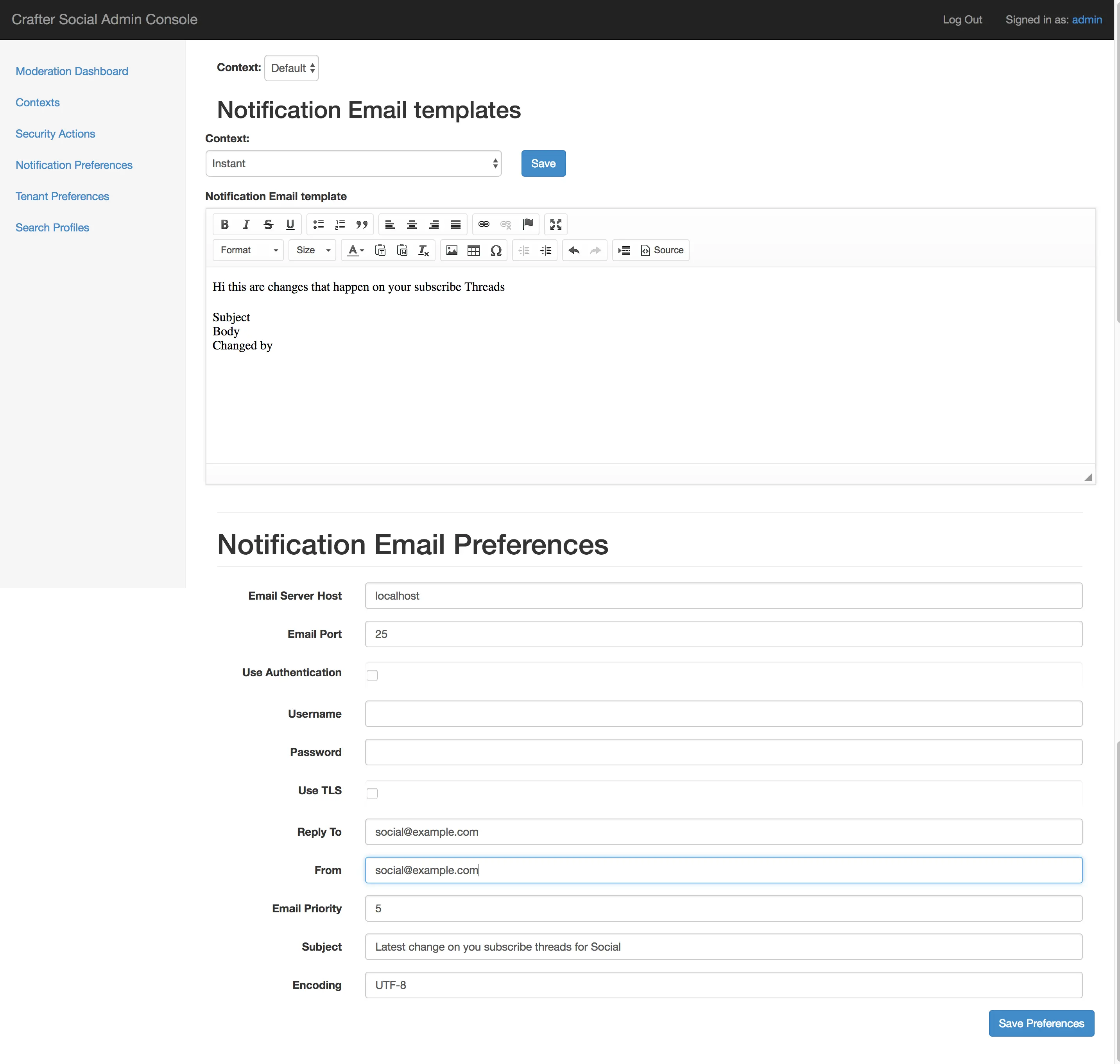 Crafter Social Admin Console Preferences