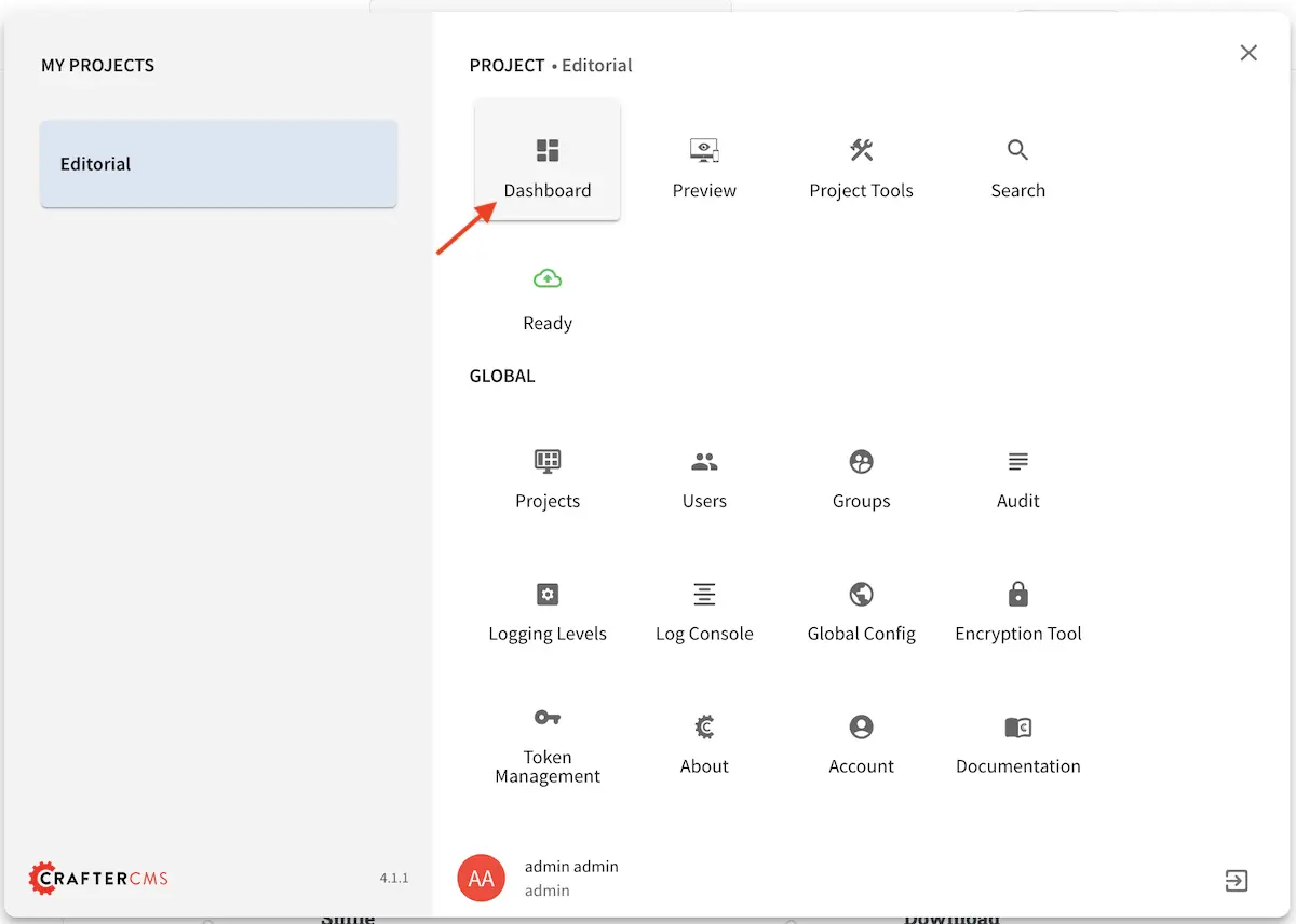 Navigating Studio - Project Dashboard from the Navigation Menu