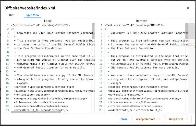 Git - Pull from Remote Repository Conflict Resolution Diff Split