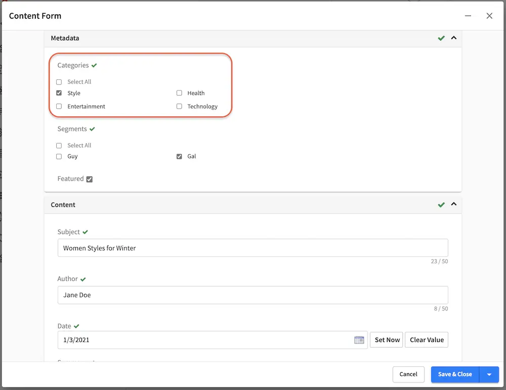 Targeting - Categories Metadata in Content